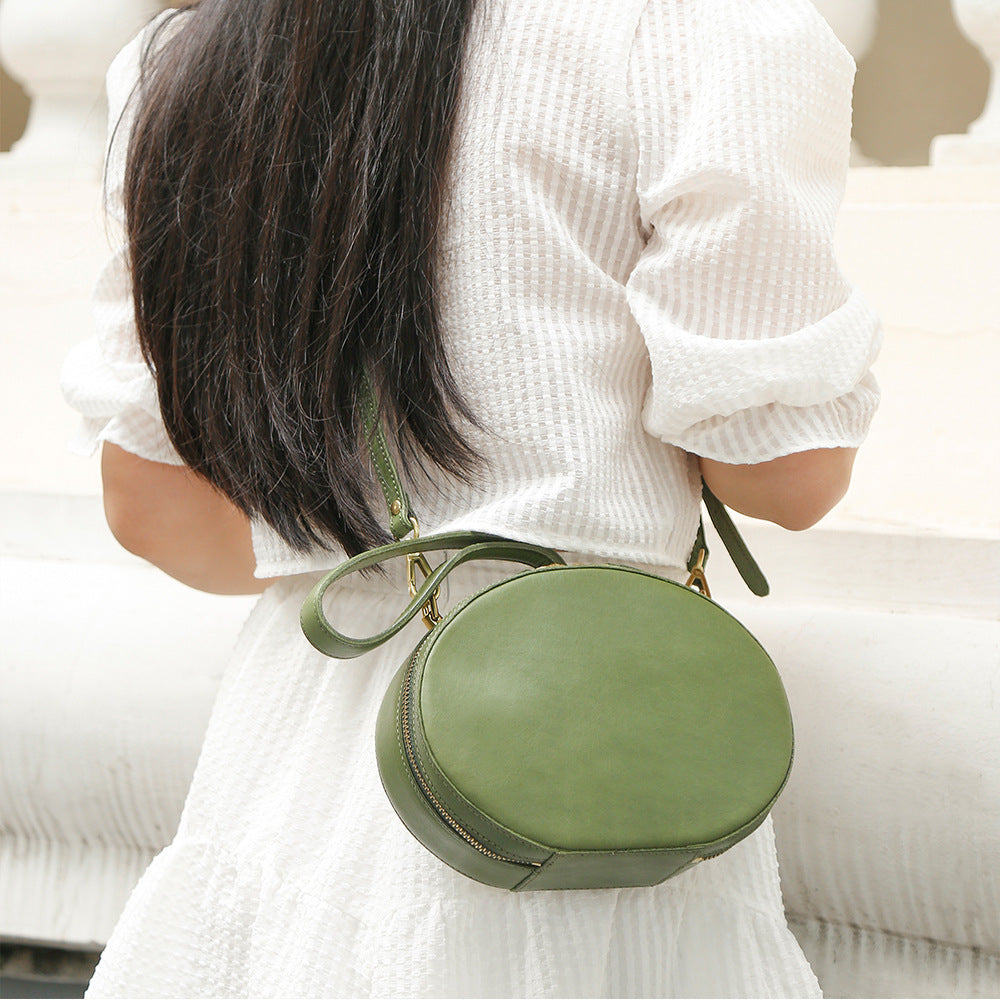 First Layer Cowhide Women's Crossbody Bag Simple Round Hand Carrying Retro