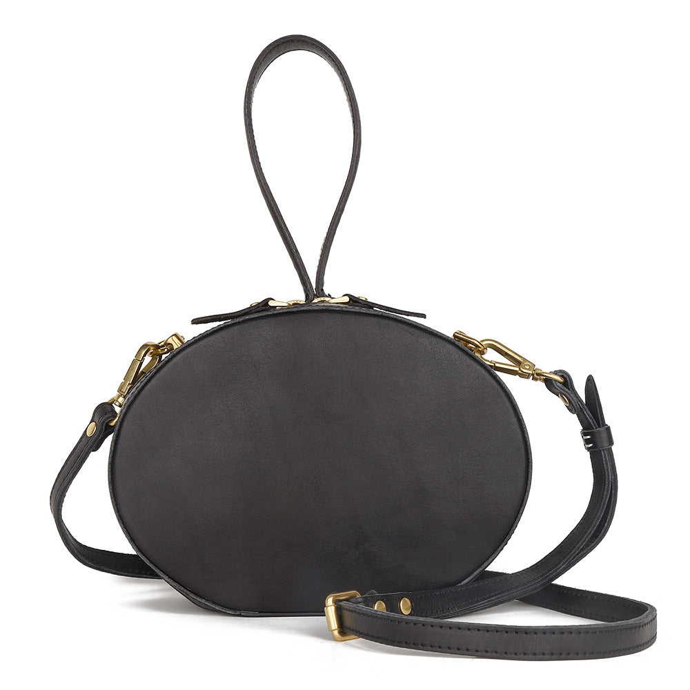First Layer Cowhide Women's Crossbody Bag Simple Round Hand Carrying Retro