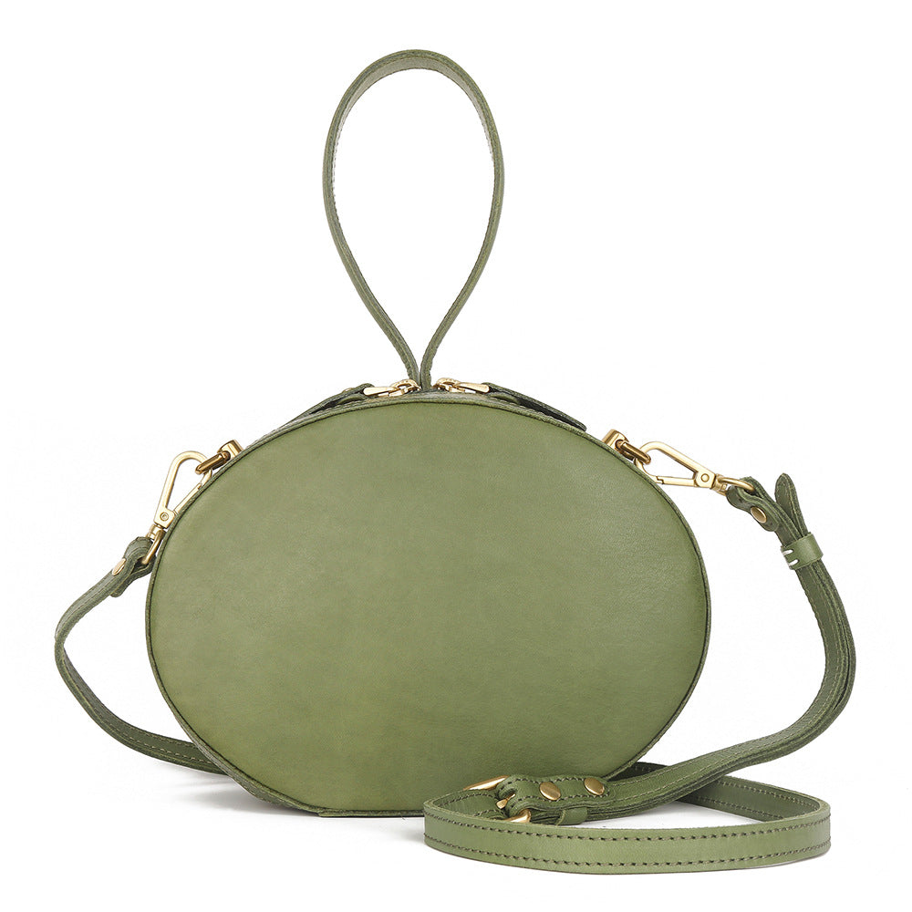 First Layer Cowhide Women's Crossbody Bag Simple Round Hand Carrying Retro